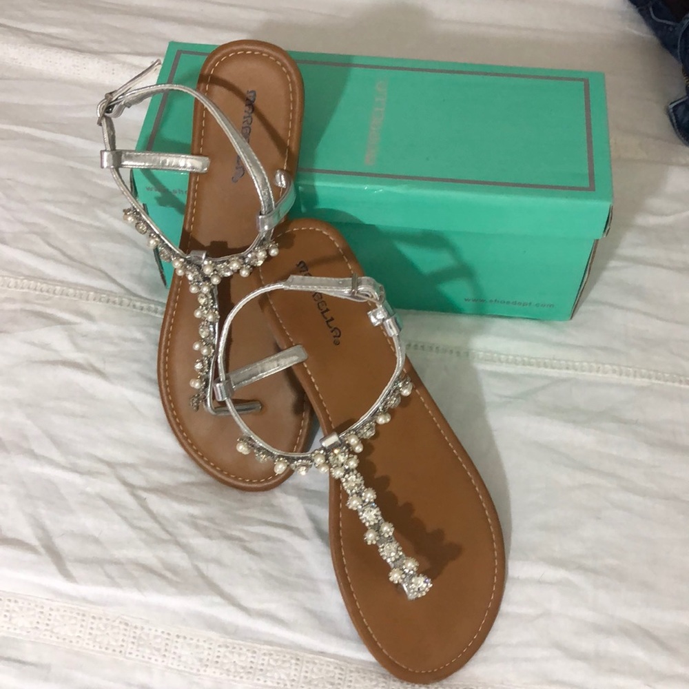 Beaded T-Strap Sandals in Silver - Women